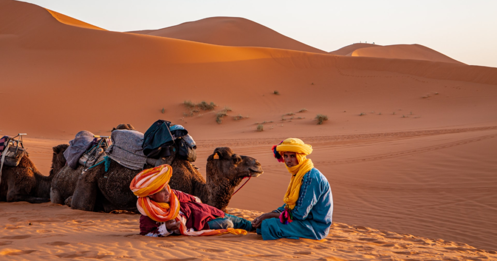 The berber with the camel in the Erg Chebbi sand dunes of Morocco